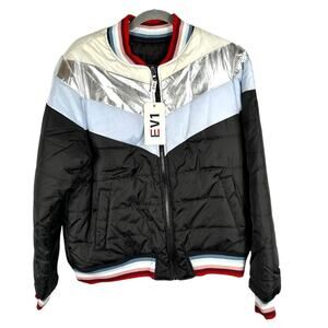 EV1 Black Blue Cream Silver Puffer Coat Large